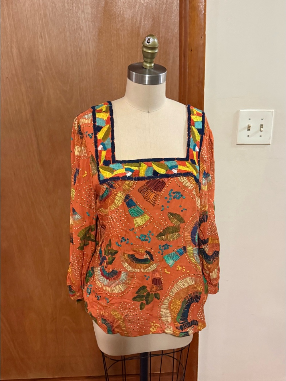 FARM Rio Orange Embroidered Square-Neck Blouse